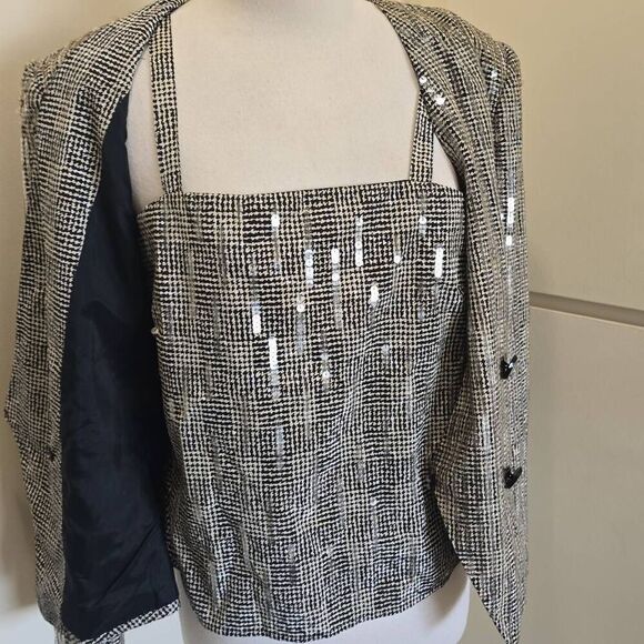 Nolan Miller Vtg Sequin Jkt and Matching Shell, Blk/Ivory Plaid, EUC, 12 - Picture 4 of 10
